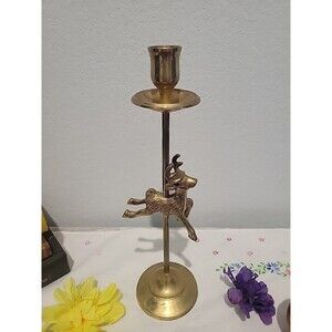 Vintage Tall 13" Brass Flying Reindeer Taper Candle Holder MCM Cottage Christmas